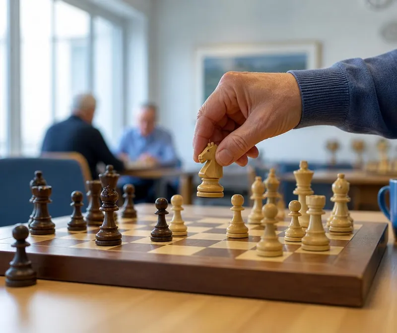 Spelare flyttar en springare på ett schackbräde under en klubbkväll